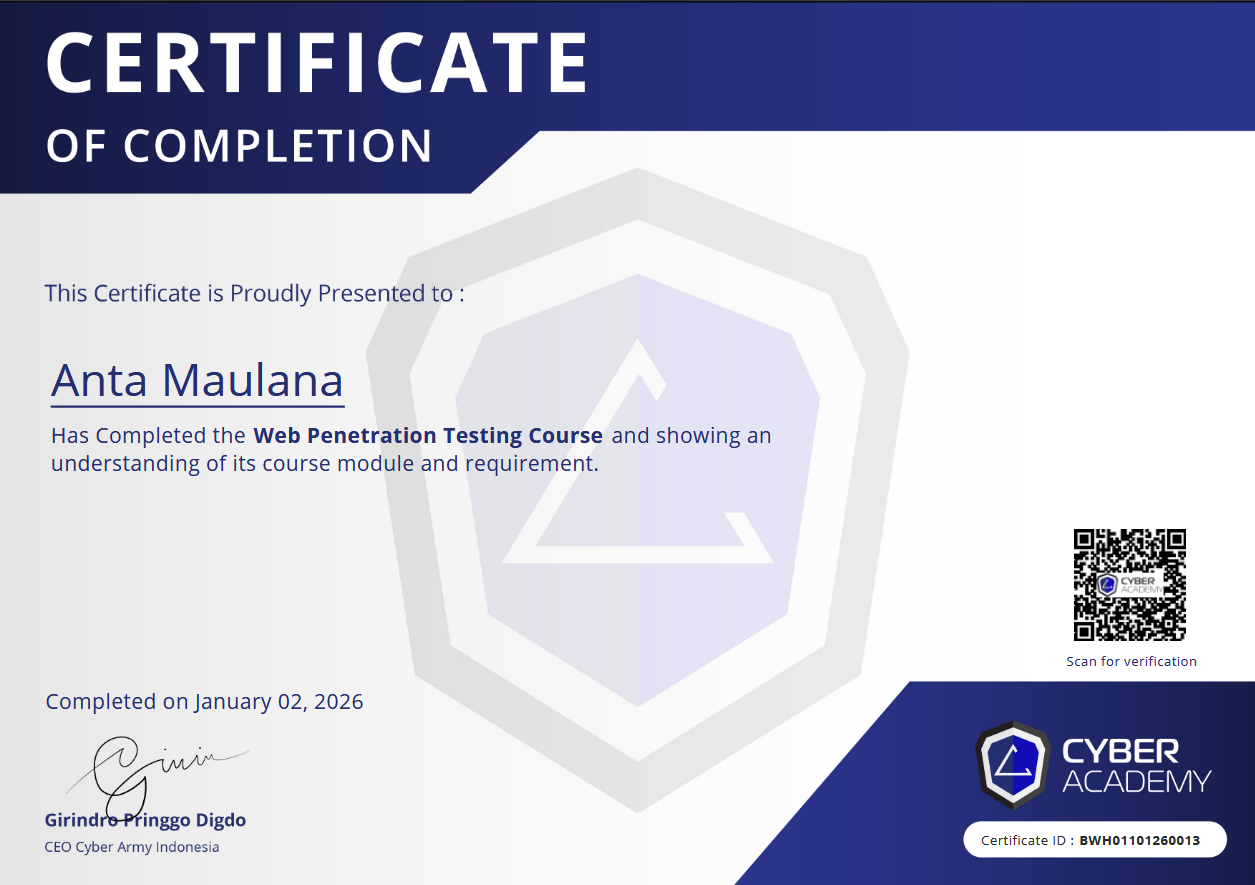 Certificate of Completion Web Penetration Testing